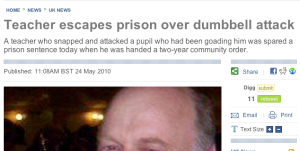 Teacher escapes prison over dumbbell attack