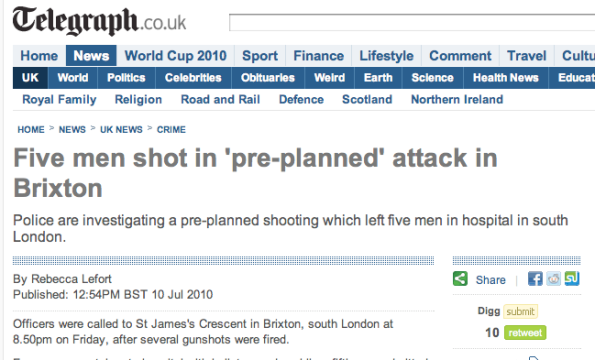 Telegraph headline "Five men shot in pre-planned attack"
